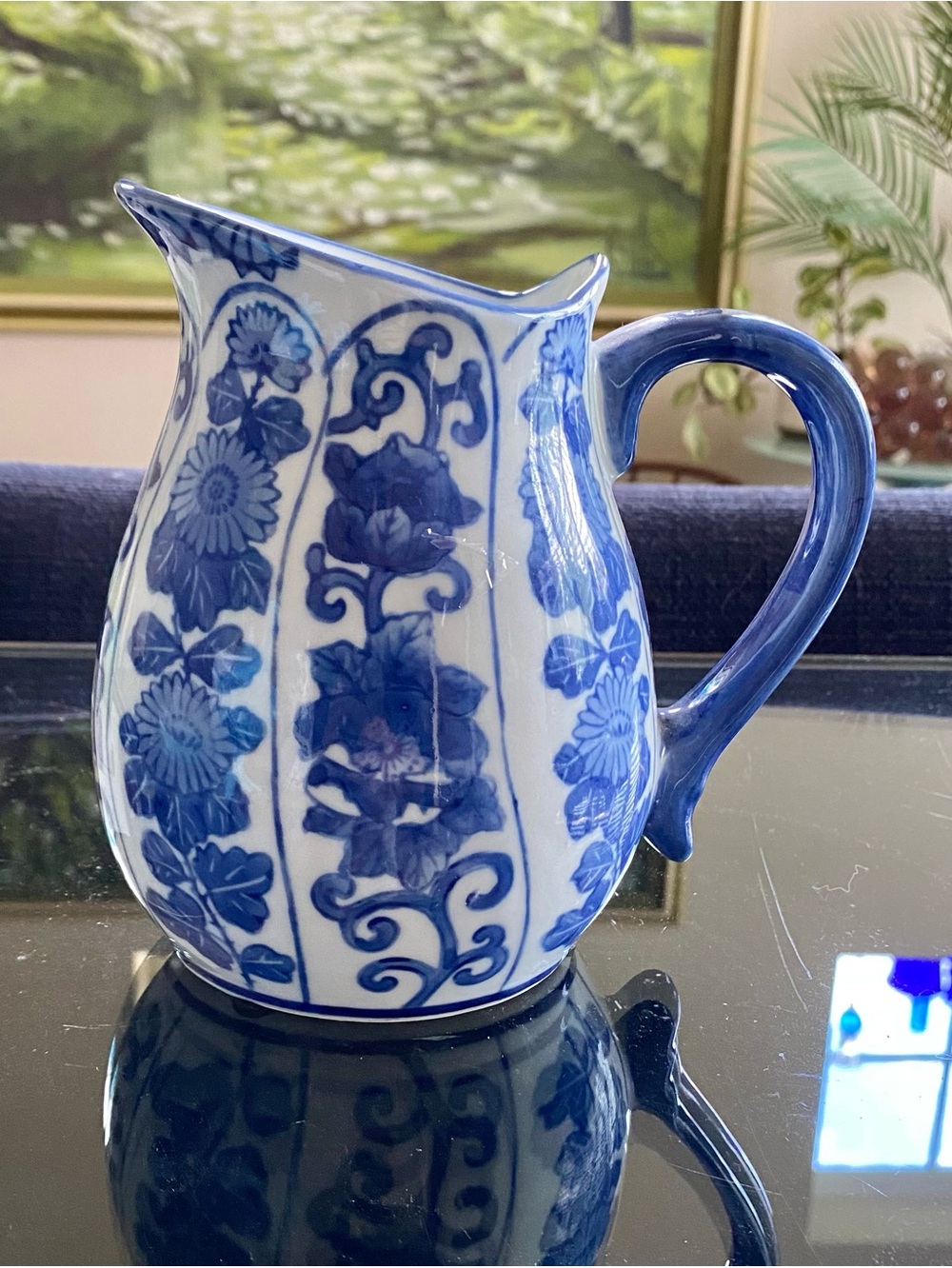 Chinoiserie Blue White Porcelain Pitcher Jug Flowers Floral 6”